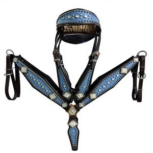 Conjunto de aparejos de cuero genuino para caballo estilo western con cierre de hebilla, cabezada y pechera azules con diseño de cocodrilo, personalizable - Product Image 1