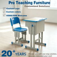 Ensemble de chaise et bureau d'école réglables en métal moderne avec barre transversale, panneau latéral renforcé, rangement à 2 tiroirs, mobilier robuste pour étudiants