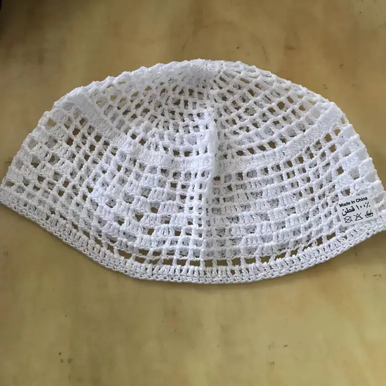 Chapeau kufi en coton au crochet pour femmes musulmanes, casquette de crâne personnalisée, tricot de couleur blanche, chapeaux de prière, vente en gros, été, printemps, F-1002
