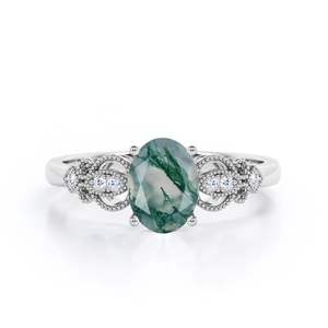 แหวนหมั้นเพชรกะรัต0.5เงินแท้925รูปไข่สีเขียวมอสโบราณแกะสลักแบบหมุนวนสำหรับงานแต่งงานแบบคลาสสิก - Product Image 3