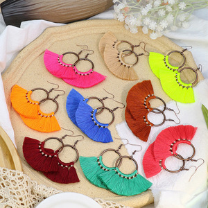 Boho Dệt Lụa Chủ Đề Gió Thời Trang Vỏ Sò Handmade Bông Tai Tua Cổ Điển Phóng Đại Bông Tai Thả Tròn - Product Image 2