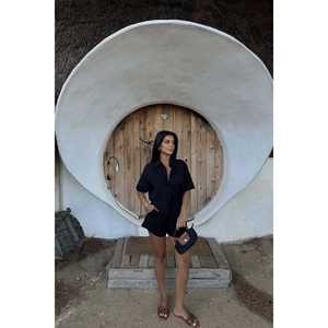 Black Yulia <b>Linen</b> Two-Piece <b>Set</b> for <b>Women</b> Casual Summer Skinny Top and Shorts Woven Cotton Knitting Solid Pattern - Product Image 2