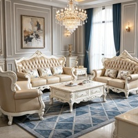 Ensemble de canapés de luxe européens en cuir véritable, 3 places, 2 places, fauteuil, structure en bois massif sculpté, pour salon, villa, hôtel, vente en gros