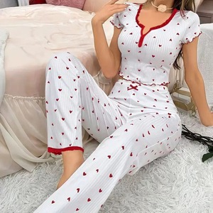 Pyjama long imprimé cœur à col en V et manches courtes pour femme, nouvelle collection printemps-automne transfrontalière Europe-Amérique - Product Image 1