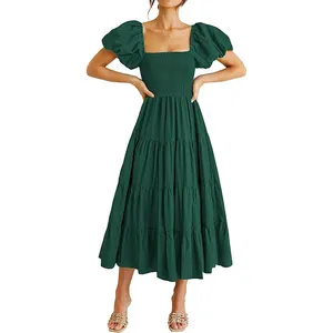 Ladies Long Dress 2023 Elegant Women Clothing Summer Pleated Dresses with Square Neckline