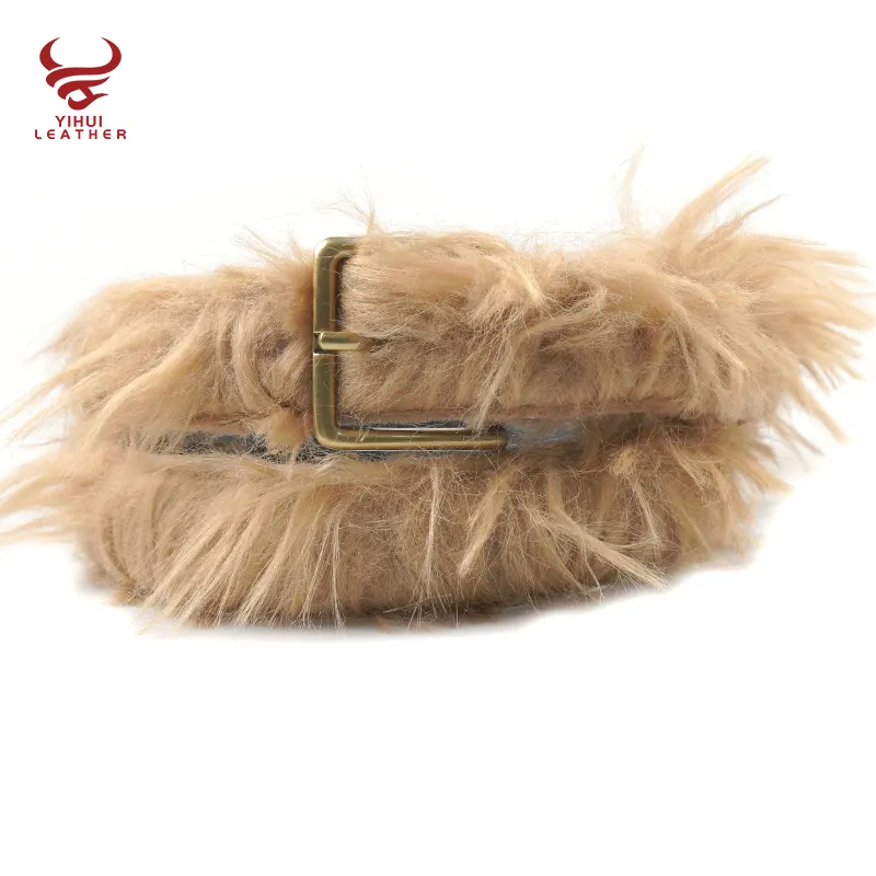 Hot selling faux fur flat leather belt for men pin buckle waistbelt long horse hair shagry furry brown belt for girl jeans pant