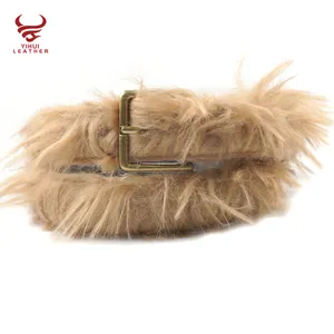 Hot selling faux fur flat leather belt for men pin buckle waistbelt long horse hair shagry furry brown belt for girl jeans pant