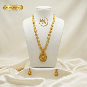 Long 24K Gold Plated Brass Arabic Fashion Charm Necklace Set Flower Pattern <b>Chain</b> Style Women's Wedding Party Gift - Product Image 1
