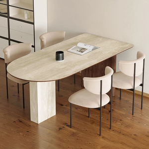 Tavolo <span class=keywords><strong>da</strong></span> <span class=keywords><strong>Pranzo</strong></span> Ovale in Pietra Sinterizzata <span class=keywords><strong>con</strong></span> Base in Legno Massello, Design in Marmo Stile Mid-Century, per Piccoli Soggiorni PJ2435 - Product Image 3