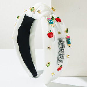 Diadema de moda para el regreso a clases con nudo de diamantes y dijes de manzana y lápiz para adolescentes - Product Image 3