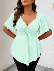 Chemise/Blouse Joyinspring pour femmes grandes tailles, printemps, été, automne, unie, décontractée, col en V, nouée, amincissante, manches courtes, 3D - Product Image 3