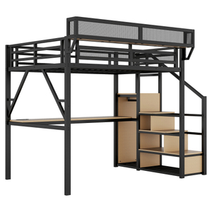 Metal Loft Bed with Desk and <b>Storage</b> Shelves Heavy Duty Freestanding Epoxy Coated Black Frame <b>4</b> <b>Tier</b> Grid Shelving <b>Unit</b> - Product Image 3