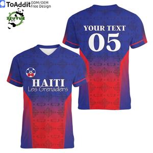 עיצוב חולצת כדורגל בהתאמה אישית מפוליאסטר 100% לשנת <span class=keywords><strong>2026</strong></span>, צור את חולצת הכדורגל הטובה ביותר שלך של האיטי, חולצת טי עם צווארון וי - Product Image 1