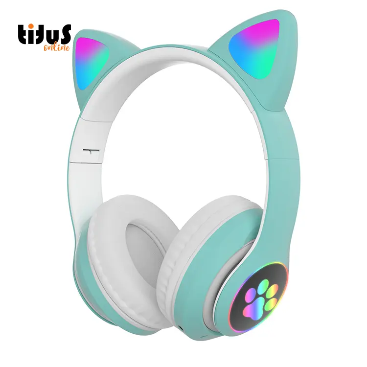 Aks28 Macaron Over Head Cat Ear Children Headphone Fm Tf Card Kids Headset Cat Shaped Led Colour Changing Bt Wireless Headphone