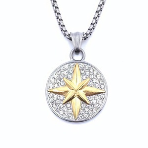 Men's Stainless Steel <b>Compass</b> Pendant With Crystal Rhinestone Star Design Two Tone Gold Round Necklace Everyday Wear - Product Image 1