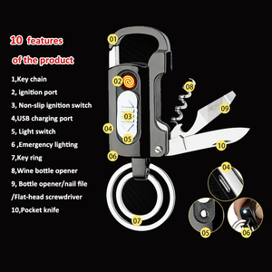 10 Trong 1 Đa Chức Năng Keychain Nhẹ Hơn Rượu Vang Mở Chai <span class=keywords><strong>USB</strong></span> Nhẹ Hơn Dao Nhẹ Hơn Có Thể Sạc Lại Móc Chìa Khóa Nhẹ Hơn - Product Image 2
