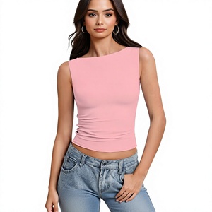 Top de punto fruncido rosa con cuello cuadrado para mujer, casual, de color liso, transpirable, mezcla de algodón y elastano, de longitud corta - Product Image 2