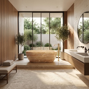 Baignoires ovales modernes sur mesure de luxe en onyx crème/jade jaune, autoportantes, pour salle de bain, villa, hôtel - Product Image 6