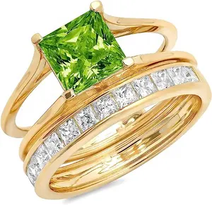 Princess Cut 10k 14k 18k Yellow Gold Ring Genuine Natural Pure Green Peridot Designer Classic Sliding Ring Band Set