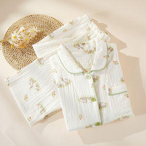 Nuevo Conjunto de Pijamas de Gasa de Doble Capa con Estampado de <span class=keywords><strong>Panda</strong></span> Estilo Campestre, 100% Algodón, para Mujer, Primavera/Verano, Manga Larga, Ropa de Dormir - Product Image 2