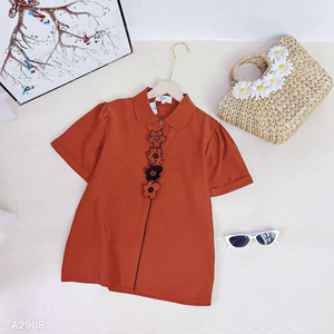 7 days Delivery Time Women Short Sleeve <b>Shirt</b> with Floral Applique <b>Office</b> Casual Solid Top All Seasons Female Vietnam Woven - Product Image 2