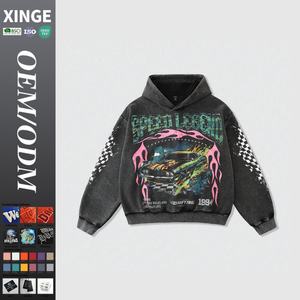 Sudadera con capucha para hombre de 480 g/m² de alto gramaje, personalizada directamente del fabricante, estilo crop holgado de invierno, con estampado de letras de carreras bordado, efecto lavado envejecido - Product Image 1