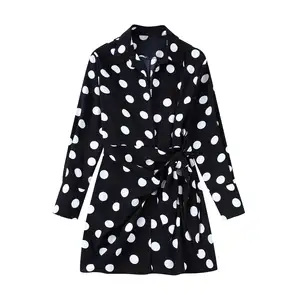 SH354 High quality Casual Woman Stylish design turn down collar long sleeve black color polka dot printed women casual dresses