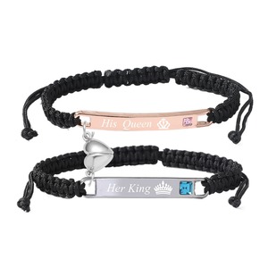 Ensemble de bracelets assortis pour <span class=keywords><strong>couple</strong></span>, personnalisés, gravés, en acier inoxydable, avec fermoir magnétique, cordon tissé, pour lui et pour elle - Product Image 2