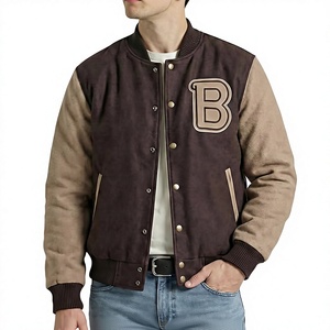 <b>Men's</b> <b>Suede</b> Varsity <b>Jacket</b> Brown Tan Letter B Embroidered Preppy Style Turn-down Collar Regular Fit Autumn Wear - Product Image 1