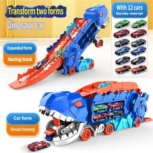 Set de Juguetes de Dinosaurios, Coche Transformable de Tiranosaurio Rex con Pista, Acción de Lanzamiento y Mordida, Vehículos de Aleación con Retroceso - Product Image 2