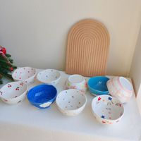 Mangkuk Keramik 5 Inci Warna Underglaze Lukisan Tangan Motif Pita Cinta Lucu, Mangkuk Nasi & Buah, Aman untuk Microwave