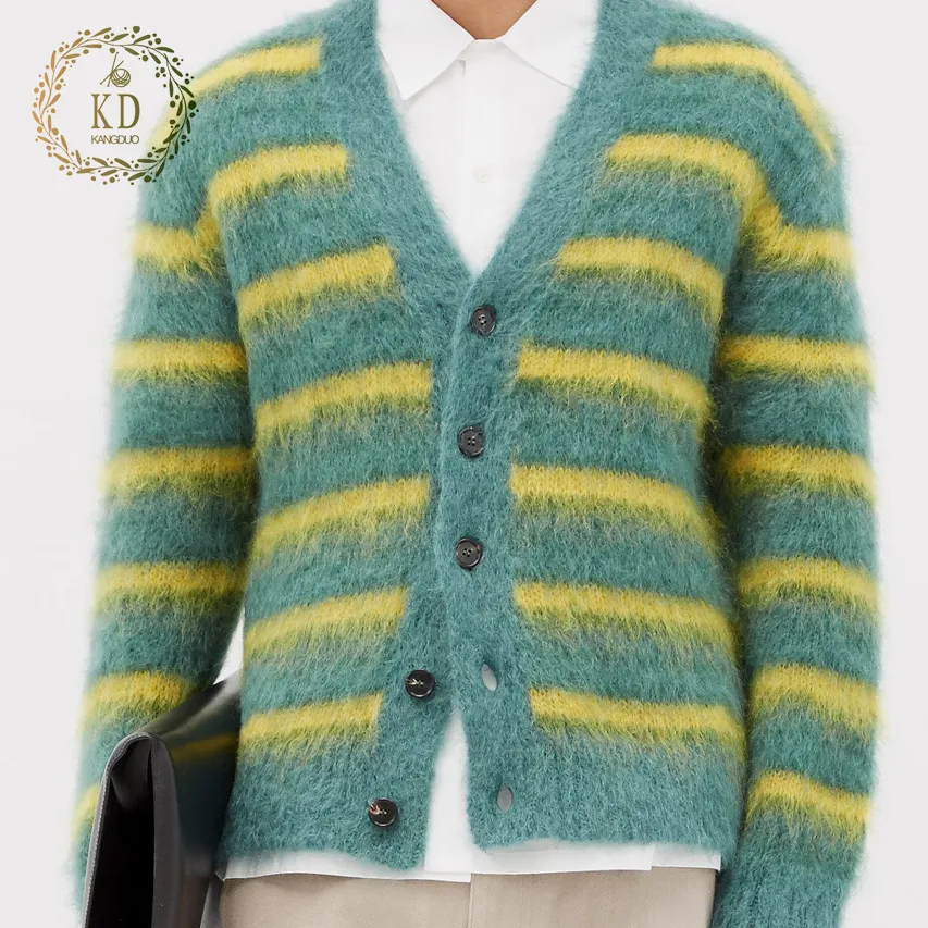 KD custom new cardigan crochet pattern Black Striped mohair sweater handknitted men fuzzy vintage sweater cardigan