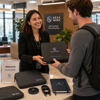 Kit de bienvenue pour les nouveaux employés avec logo personnalisé, comprenant une pochette pour ordinateur portable, un câble de charge, un carnet et un chargeur sans fil pour le travail hybride