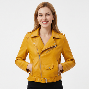 Blouson Moto Asymétrique en Cuir Véritable Jaune Moutarde pour Femme, Col Cranté, Ceinture à la Taille, Style Streetwear Tendance - Product Image 3