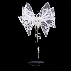 Voile <span class=keywords><strong>court</strong></span> en fil à thème nuptial, nœud, accessoires de coiffure, barrettes, pompon, perle, photographie de mariage - Product Image 2