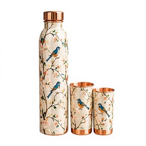 Botella de Agua Moderna de Cobre con Dos Tazas, Diseño Floral de Aves, Juego de Termos Portátiles de Metal Ecológicos - Product Image 1