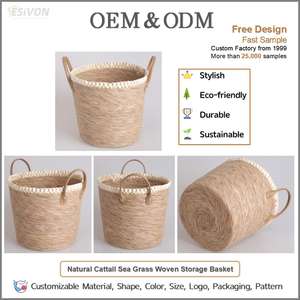 Cesta organizadora de almacenamiento de junco marino tejida a mano con asas de PU para guardería, juguetes, lavandería, baño, toallas, <span class=keywords><strong>macetas</strong></span>, decoración de estantes, personalizada - Product Image 2