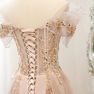 Nuovo <span class=keywords><strong>Abito</strong></span> Estivo di Lusso Leggero con Spalle Scoperte, <span class=keywords><strong>Paillettes</strong></span> e Raso a Fantasia Naturale, Lunghezza al Pavimento, Taglio ad A con Strass - Product Image 4