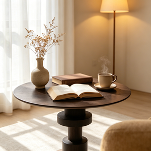 Mesa Auxiliar Redonda de Dos Tonos en Color Oscuro, con Pedestal, de Madera Sólida, Columna Cilíndrica, Estilo Minimalista, para Sala de Estar o Esquina - Product Image 2
