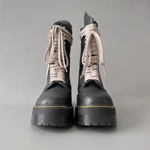 Botas de plataforma de cuero negro al por mayor, estilo diseñador, con cremallera lateral, suela gruesa, botines con cordones, proveedor a granel - Product Image 2