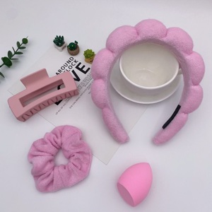Famous Square Claw Cloud Headband Set, Macaron Color Elastic <strong>Scrunchie</strong> &amp; Makeup Sponge, Trendy Makeup &amp; Hair Styling Kit - Product Image 1