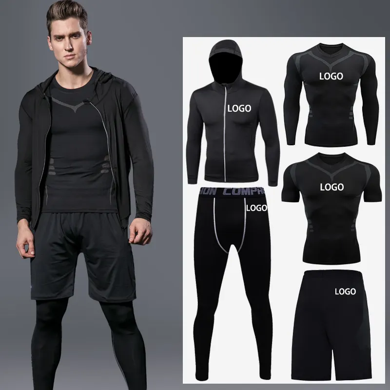 Wholesale custom elastic fabric polyester & spandex quick dry compression 5 piece sports men set sport wear