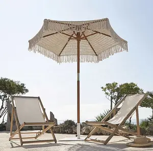 Großhandel Baumwolle Häkeln Outdoor große Strand Makramee Sonnenschirme mit Fransen, Zuhause Boho Dekor hölzernes Resort Terrasse Garten Regenschirm