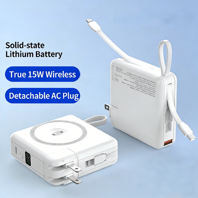 Magnetic Power Bank 10000mAh with Built-in Cable and Foldable Wall Plug PD 20W Fast Charging Semi-Solid State Battery