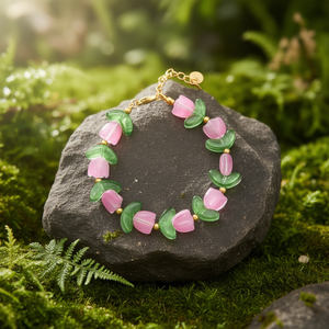 Fashion <b>Beaded</b> <b>Bracelet</b> Pink Green Acrylic Flowers <b>Gold</b> Plated Clasp Sustainable Resistant 316L Stainless Steel - Product Image 3