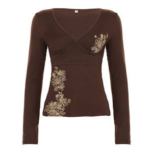 Kaus lengan panjang ramping motif tanaman Y2k wanita Retro gaya baru kaus serbaguna kasual kerah V seksi - Product Image 4