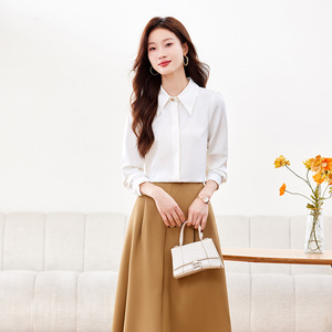 Blue Long Sleeve Chiffon Shirt Women Solid Color Button Front Work Professional Blouse Spring Autumn 2024 Style - Product Image 2