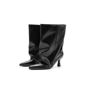 Bottes à talon fin et plissées pour femme, style Knight, à bout pointu, en PU, avec semelle extérieure en caoutchouc, modèle Spice Girls Minor Big Sling Short Barrel Pointed Stack - Product Image 1