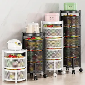 Multi Layer Household Floor Standing Mobile Metal Wire Basket Rotating Vegetable Storage Shelves Display Rack For Kitchen