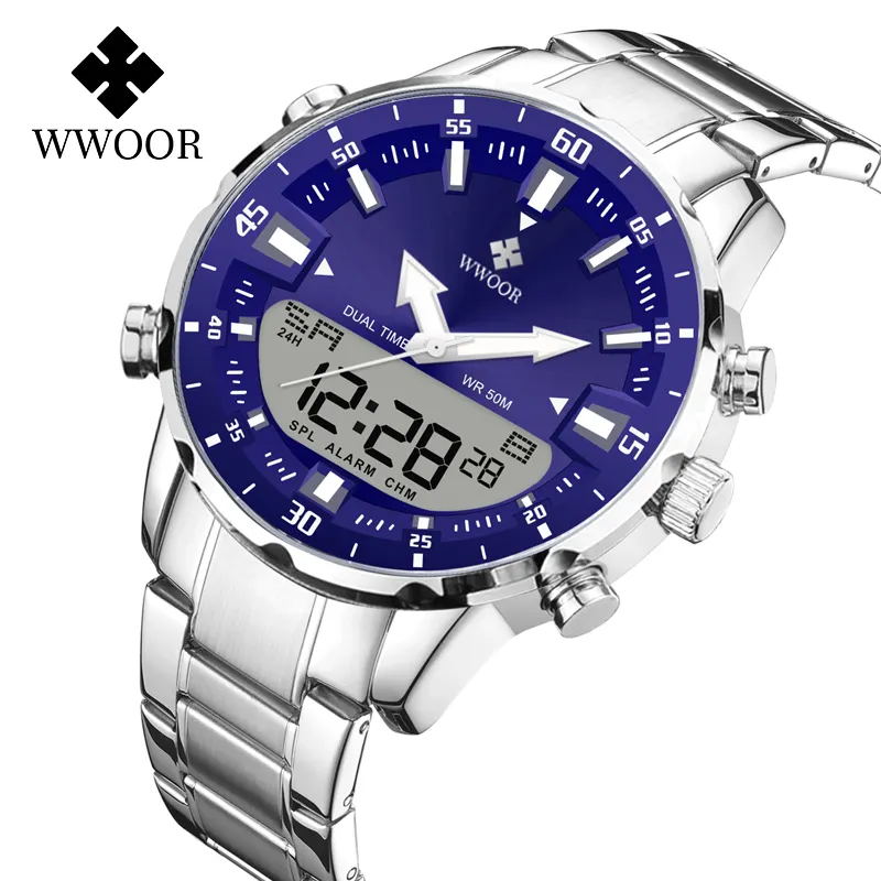 Haute Qualité De Luxe WWOOR Populaire Hommes Montres LED Double Affichage Calendriers De Sport D'affaires Montre-Bracelet Numérique Montre À Quartz Montre